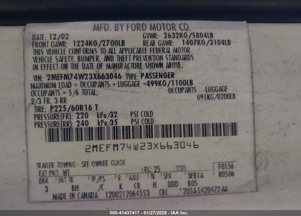 2003 MERCURY GRAND MARQUIS GS VIN: 2MEFM74W23X663046