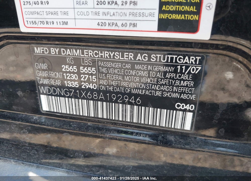 2008 MERCEDES-BENZ S 550 VIN: WDDNG71X68A192946