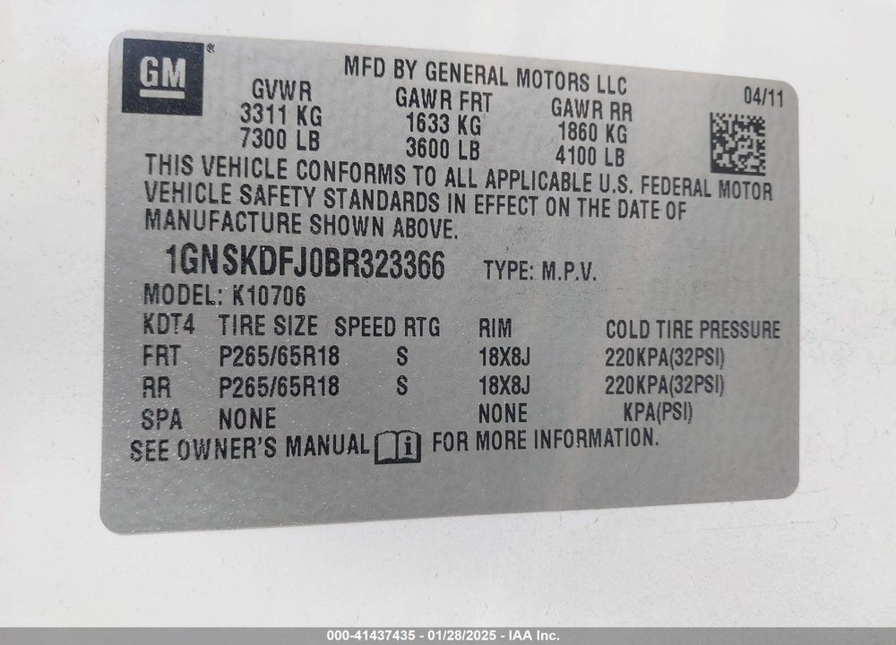 2011 CHEVROLET TAHOE HYBRID VIN: 1GNSKDFJ0BR323366