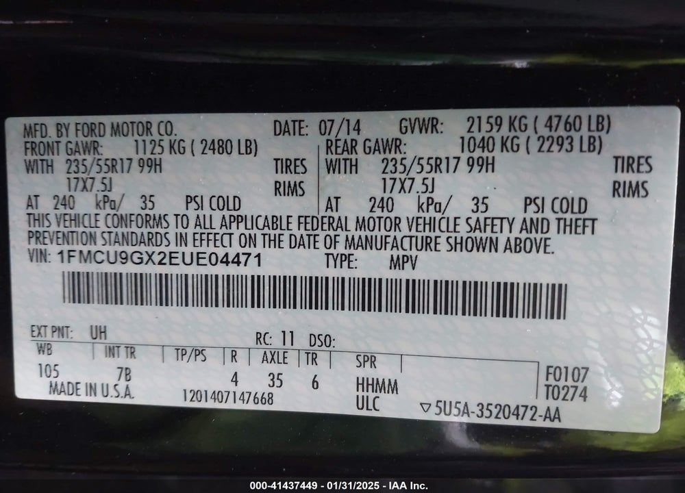 2014 FORD ESCAPE SE VIN: 1FMCU9GX2EUE04471