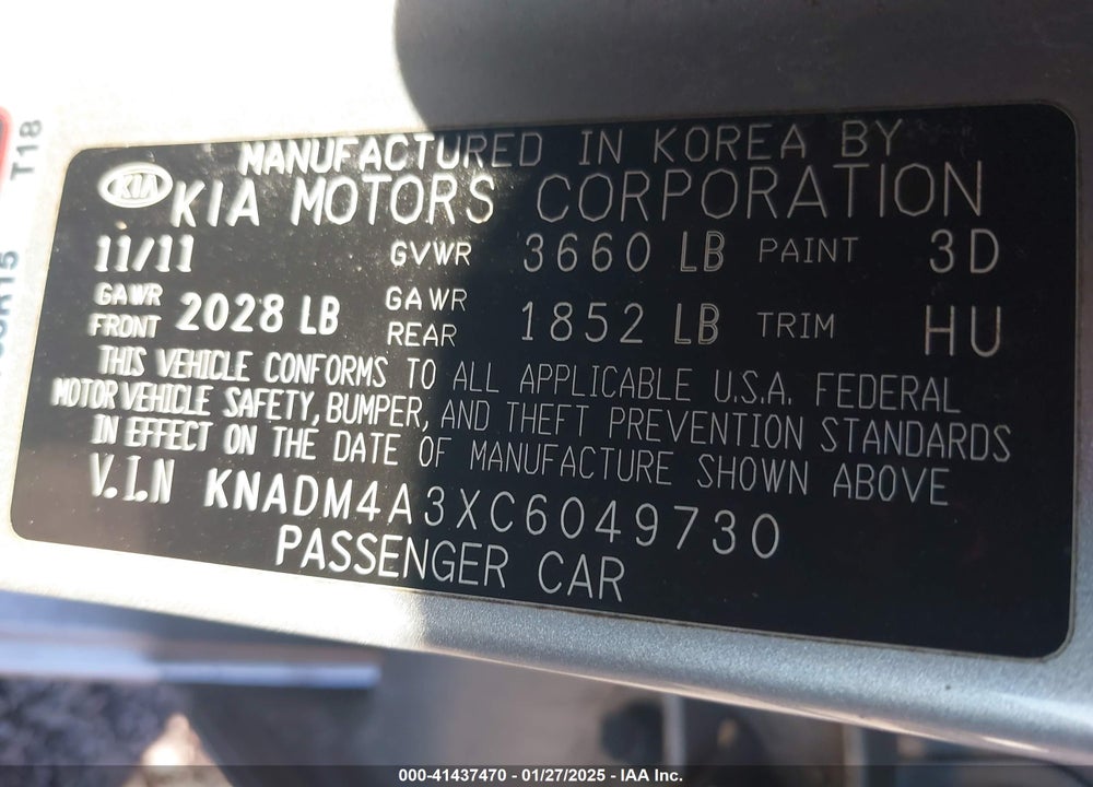 2012 KIA RIO VIN: KNADM4A3XC6049730