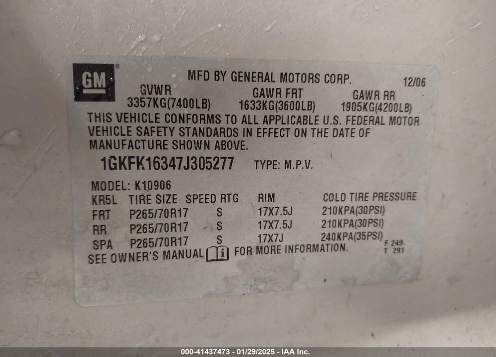 2007 GMC YUKON XL 1500 SLT VIN: 1GKFK16347J305277