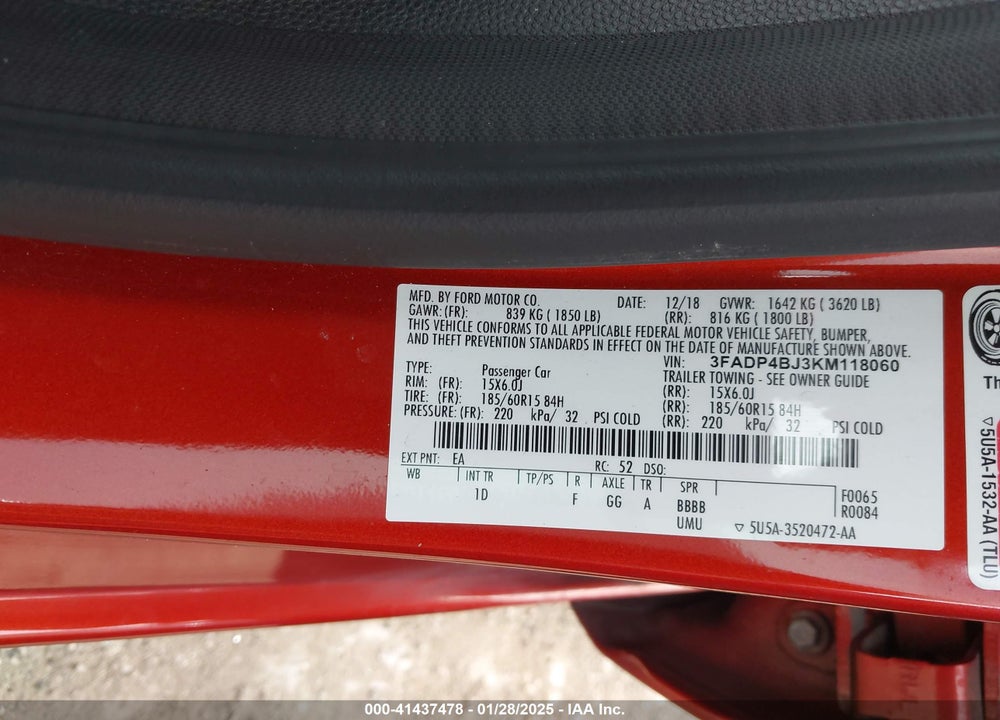 2019 FORD FIESTA VIN: 3FADP4BJ3KM118060