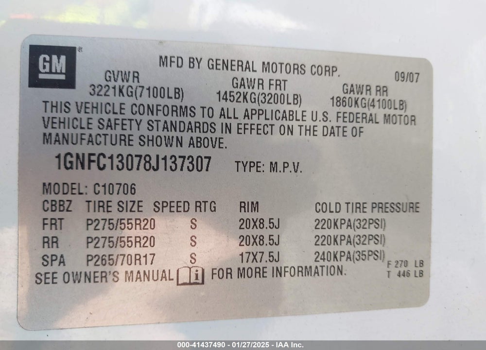 2008 CHEVROLET TAHOE LT W/3LT VIN: 1GNFC13078J137307