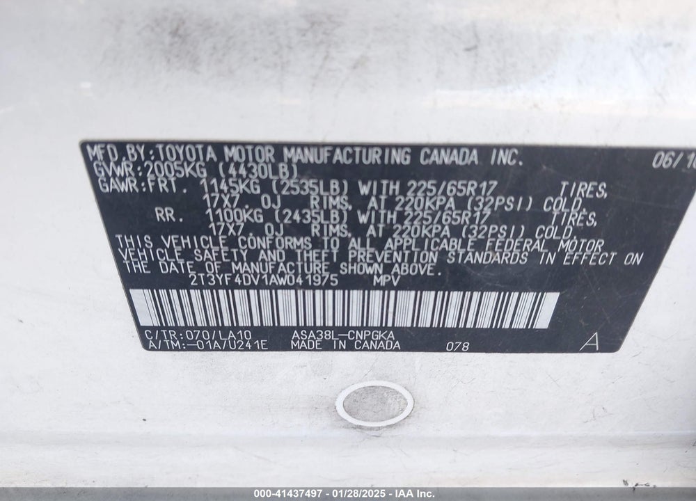 2010 TOYOTA RAV4 LIMITED VIN: 2T3YF4DV1AW041975
