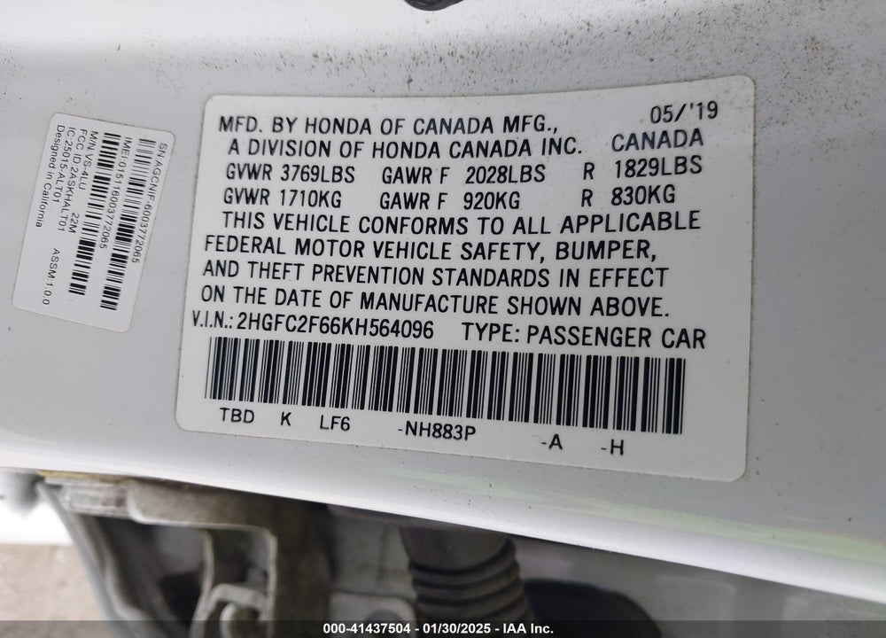 2019 HONDA CIVIC LX VIN: 2HGFC2F66KH564096