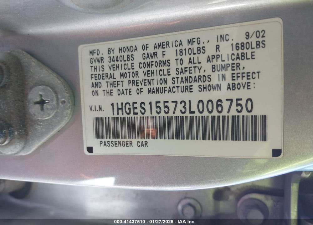 2003 HONDA CIVIC LX VIN: 1HGES15573L006750