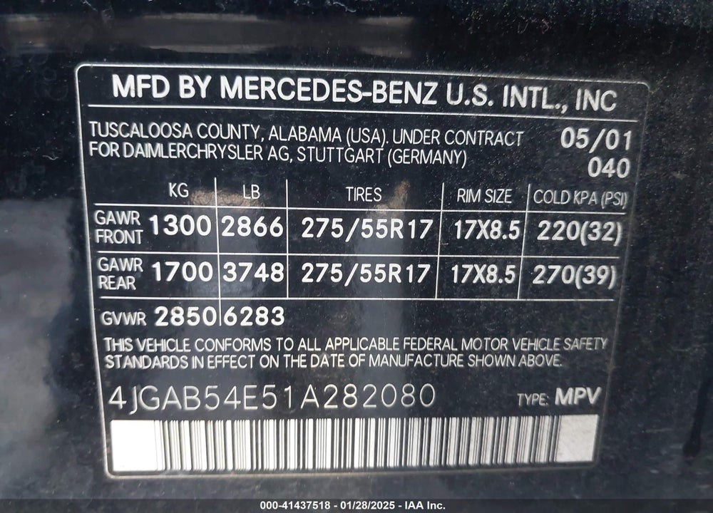 2001 MERCEDES-BENZ ML 320 VIN: 4JGAB54E51A282080