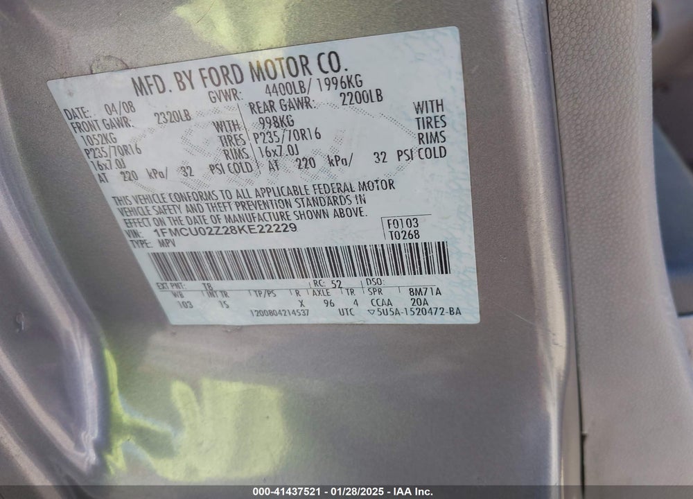 2008 FORD ESCAPE XLS/XLS MANUAL VIN: 1FMCU02Z28KE22229