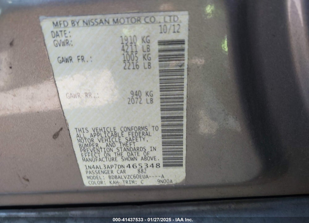 2013 NISSAN ALTIMA VIN: 1N4AL3AP7DN465348
