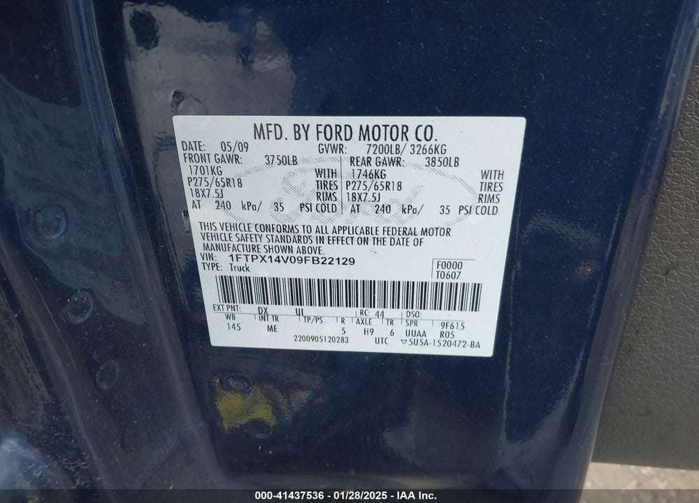 2009 FORD F150 VIN: 1FTPX14V09FB22129