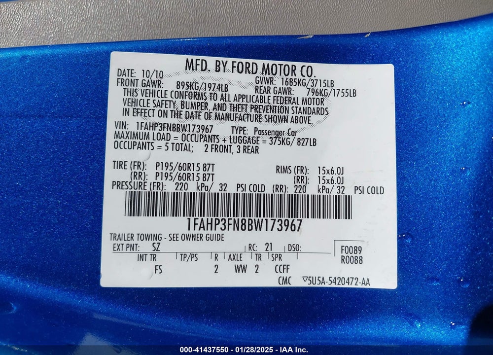 2011 FORD FOCUS VIN: 1FAHP3FN8BW173967