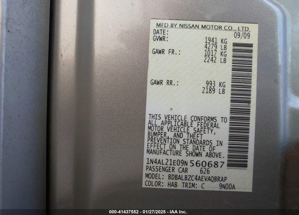 2009 NISSAN ALTIMA 2.5 S VIN: 1N4AL21E09N560687