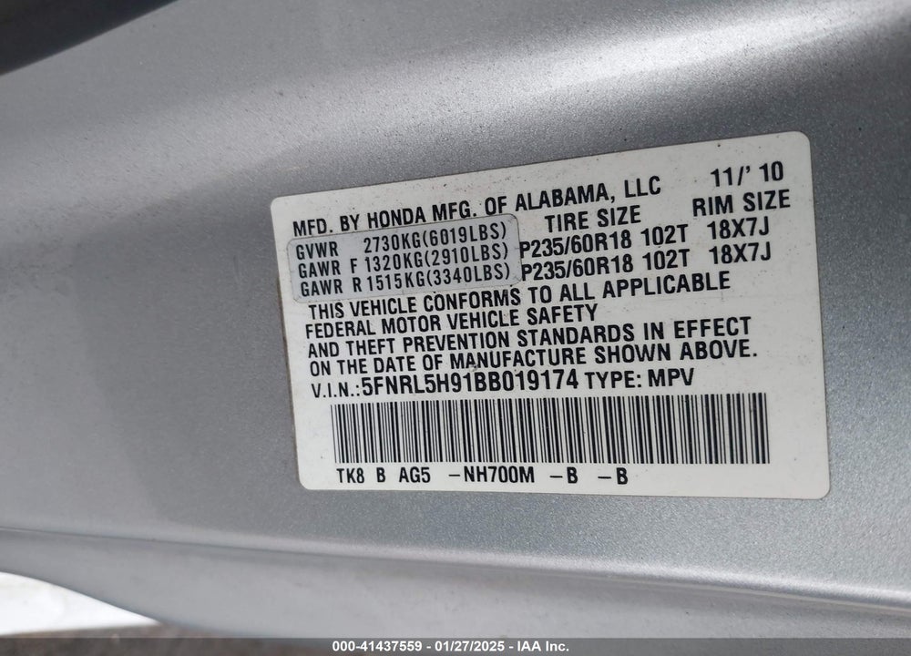 2011 HONDA ODYSSEY TOURING/TOURING ELITE VIN: 5FNRL5H91BB019174
