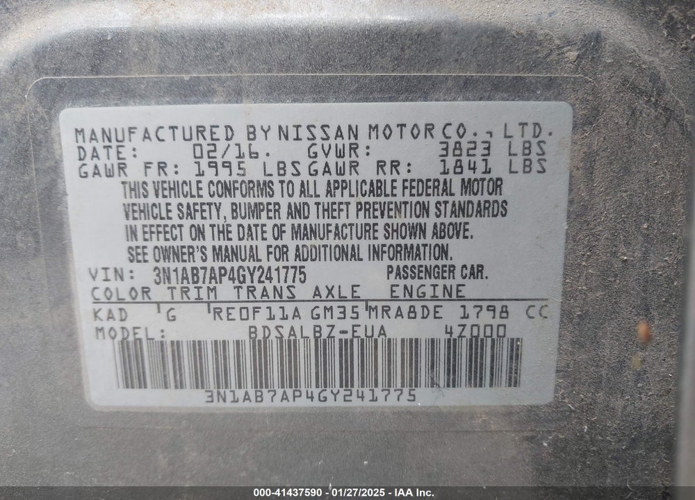 2016 NISSAN SENTRA VIN: 3N1AB7AP4GY241775