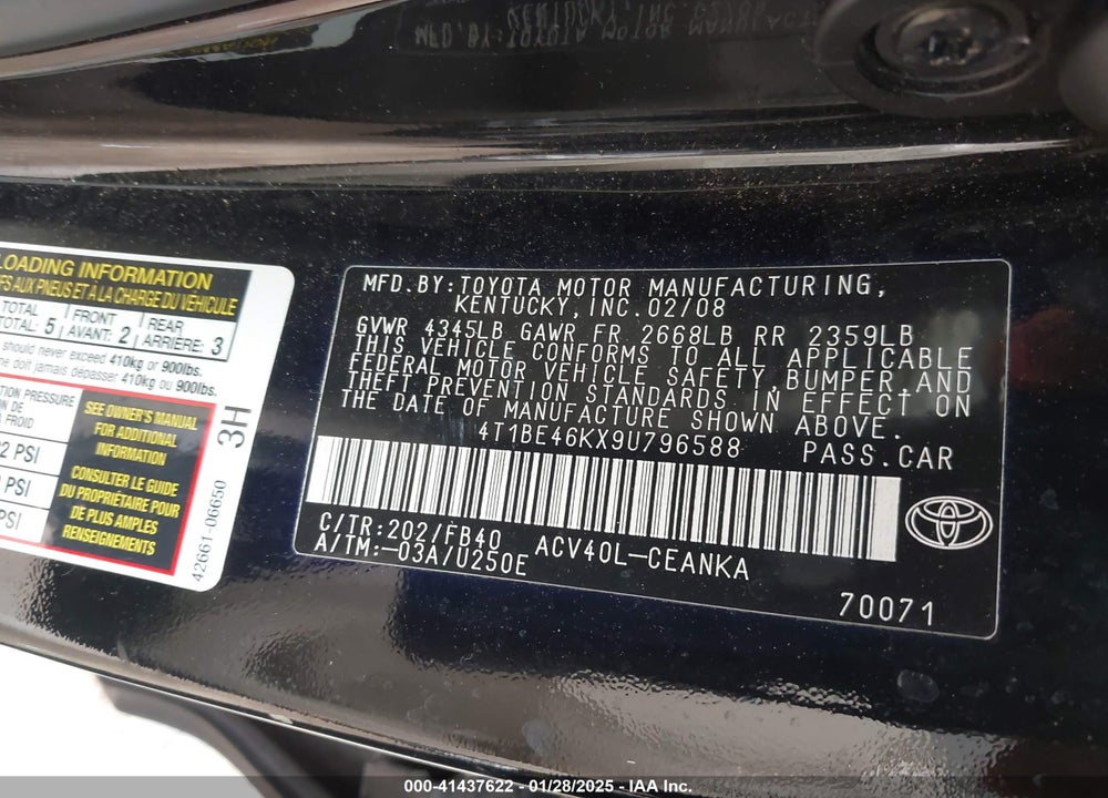 2009 TOYOTA CAMRY VIN: 4T1BE46KX9U796588