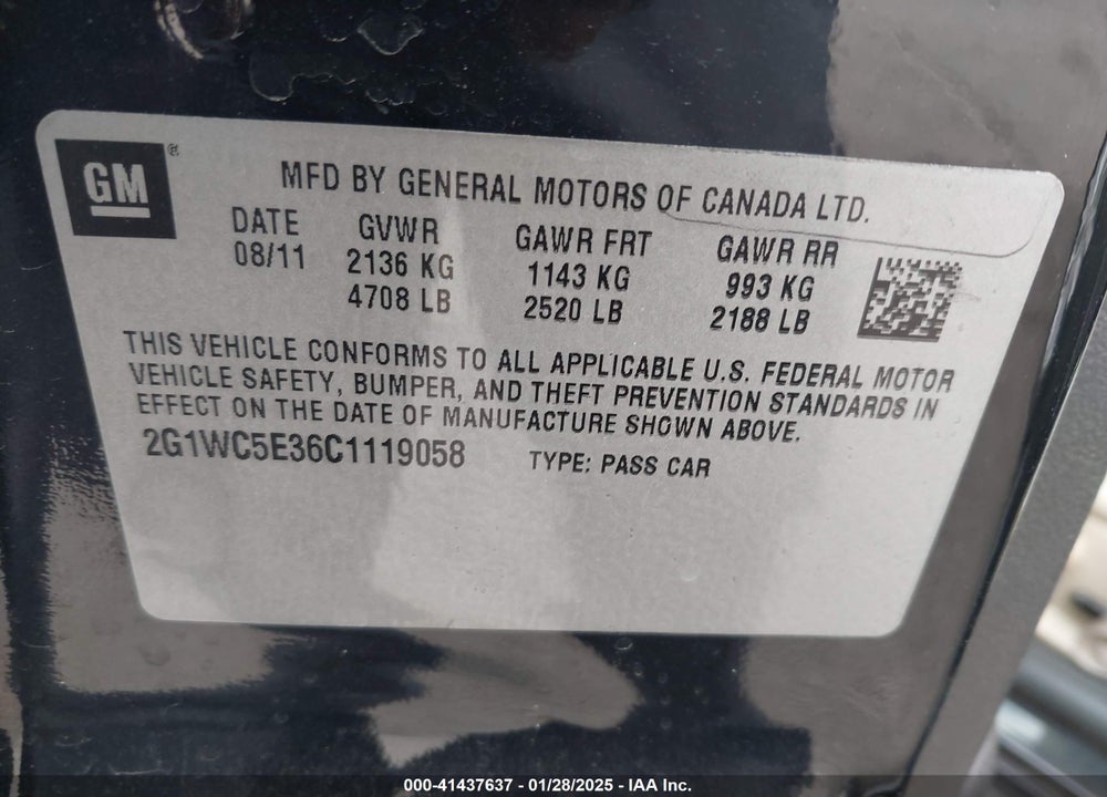 2012 CHEVROLET IMPALA LTZ VIN: 2G1WC5E36C1119058