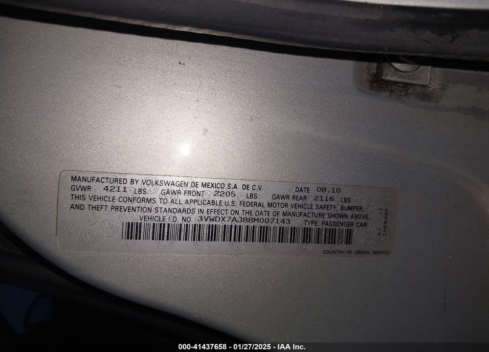 2011 VOLKSWAGEN JETTA 2.5L SE VIN: 3VWDX7AJ8BM007143