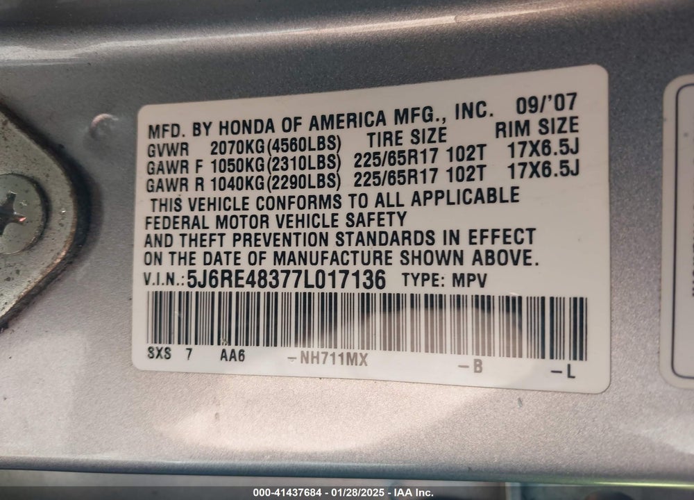 2007 HONDA CR-V LX VIN: 5J6RE48377L017136