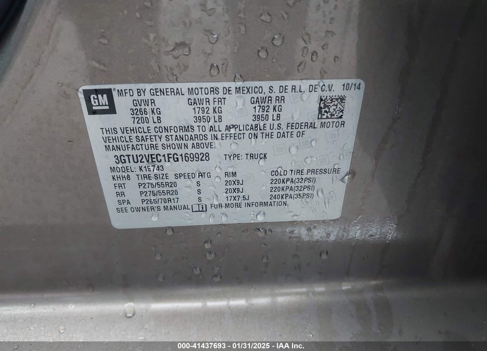 2015 GMC SIERRA VIN: 3GTU2VEC1FG169928