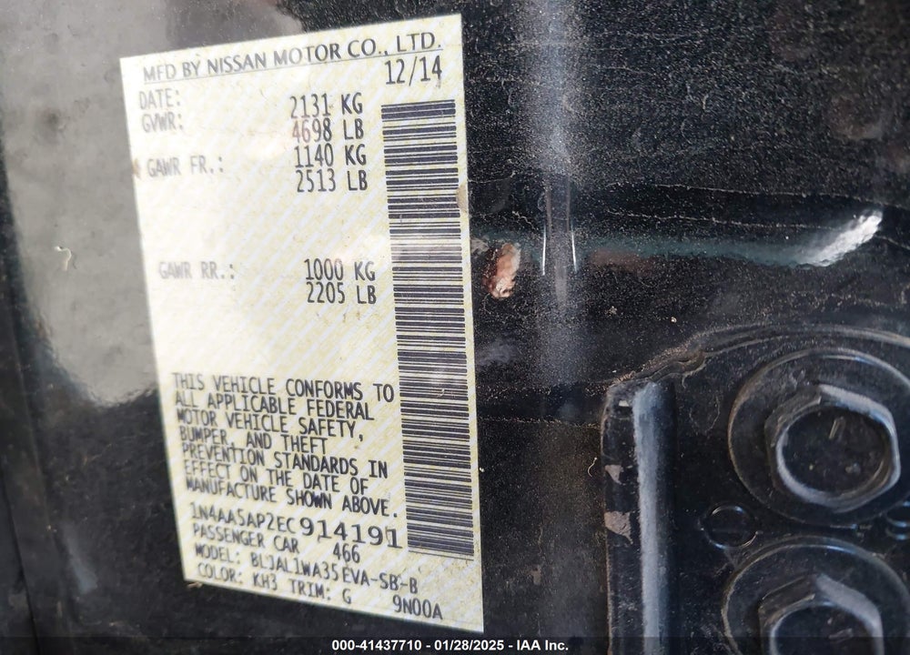 2014 NISSAN MAXIMA VIN: 1N4AA5AP2EC914191