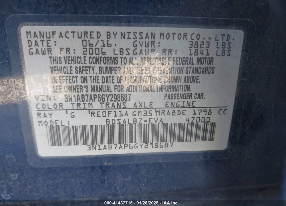 2016 NISSAN SENTRA VIN: 3N1AB7AP6GY298687