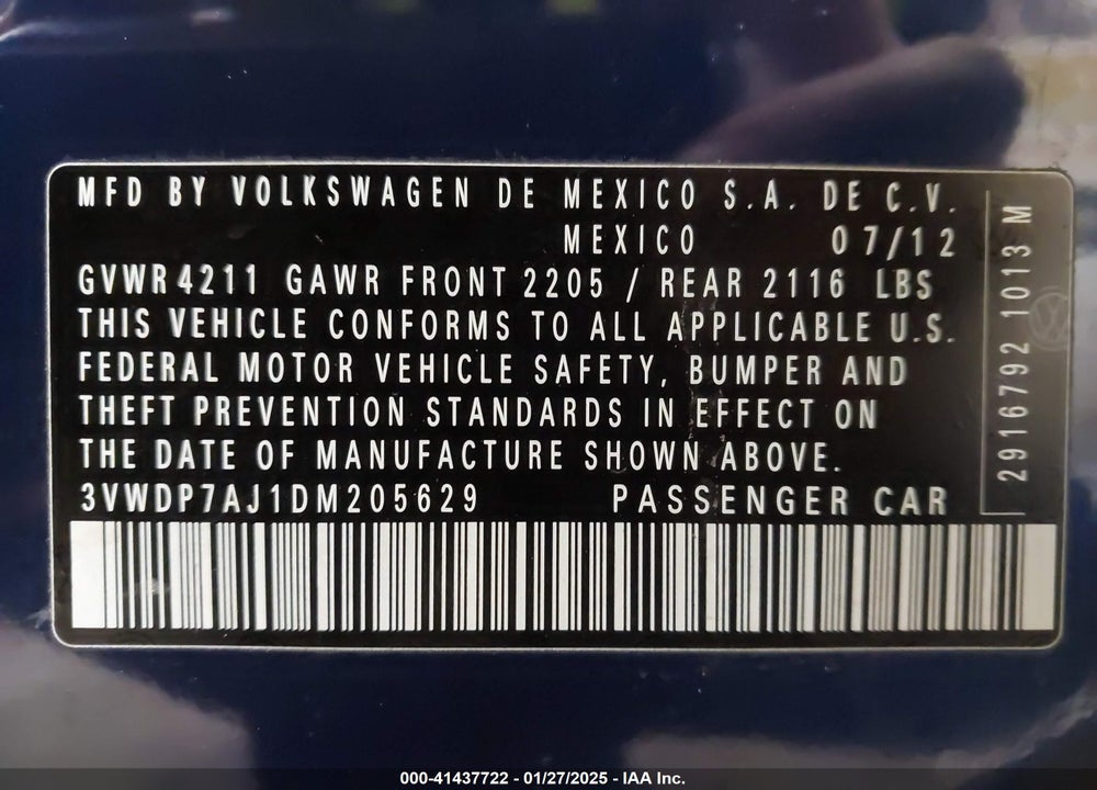 2013 VOLKSWAGEN JETTA VIN: 3VWDP7AJ1DM205629