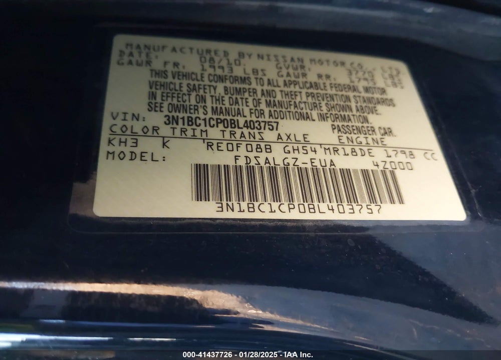 2011 NISSAN VERSA VIN: 3N1BC1CP0BL403757