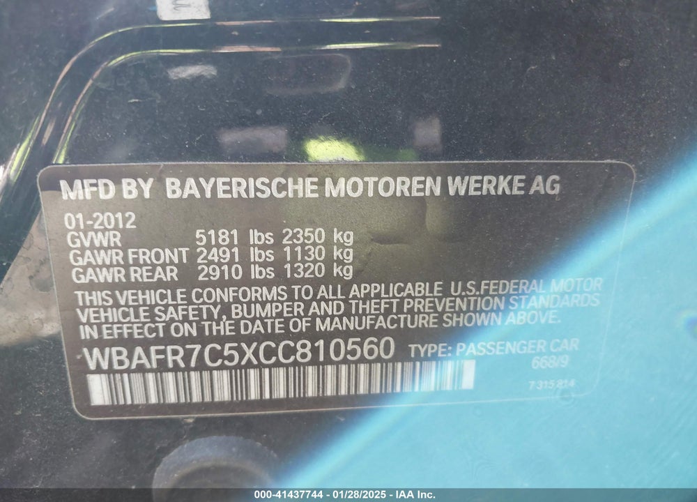 2012 BMW 535I VIN: WBAFR7C5XCC810560