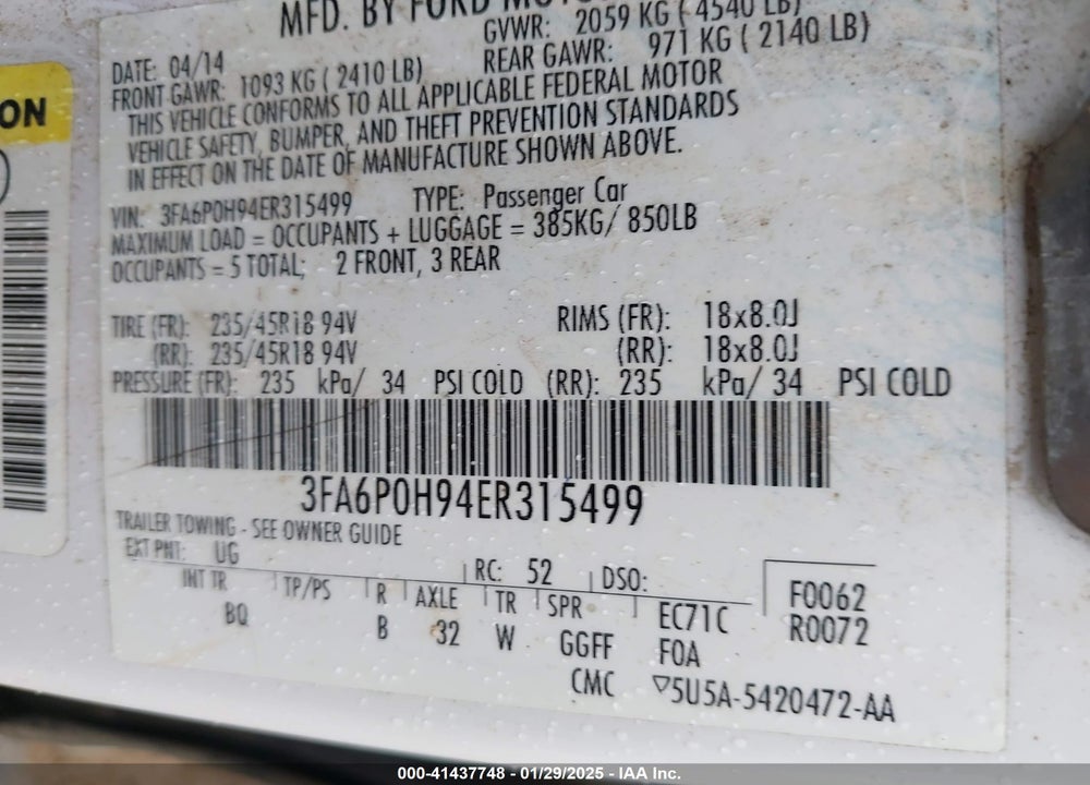 2014 FORD FUSION SE VIN: 3FA6P0H94ER315499