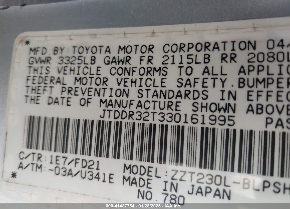 2003 TOYOTA CELICA GT VIN: JTDDR32T330161995
