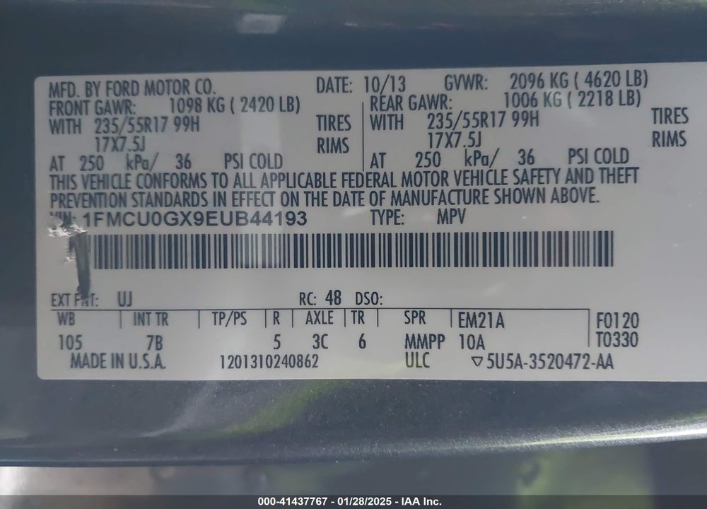 2014 FORD ESCAPE SE VIN: 1FMCU0GX9EUB44193