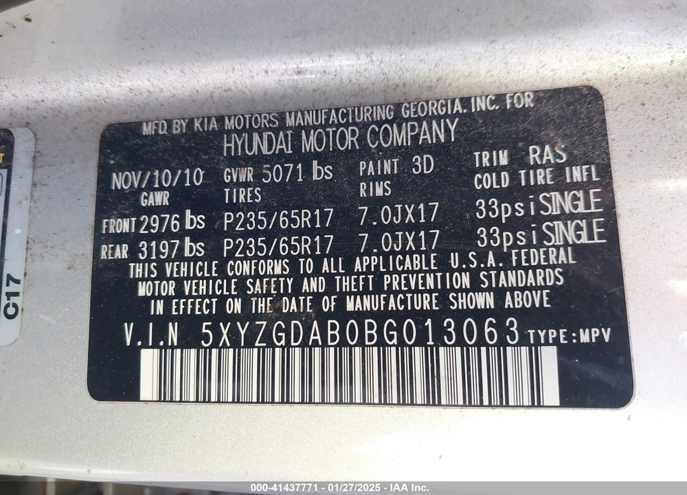 2011 HYUNDAI SANTA FE GLS VIN: 5XYZGDAB0BG013063