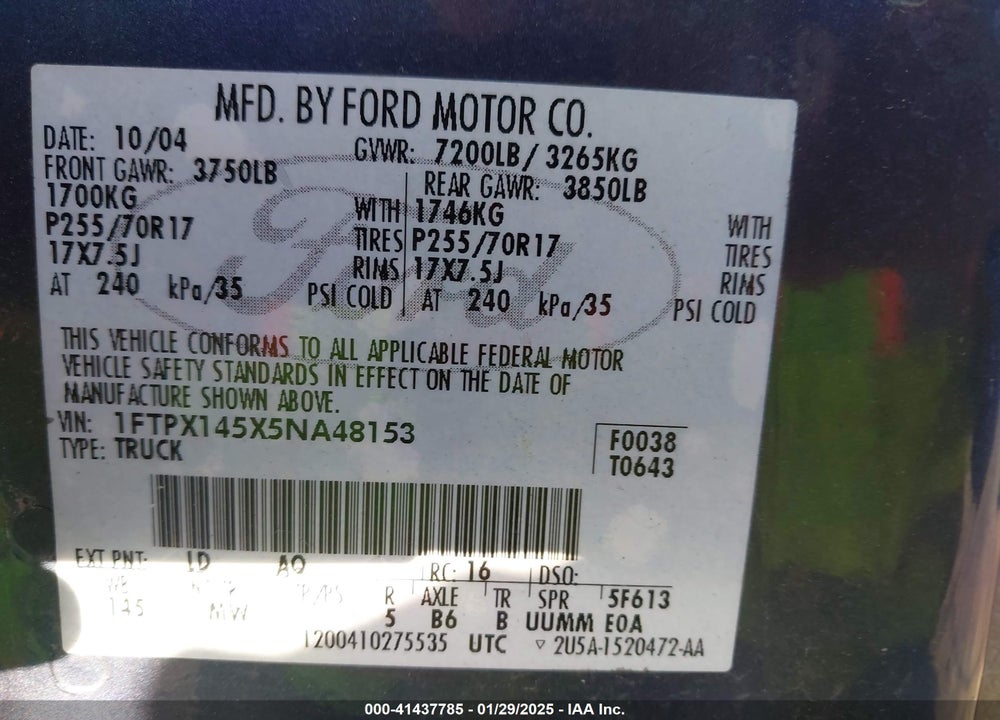 2005 FORD F-150 FX4/LARIAT/XL/XLT VIN: 1FTPX145X5NA48153