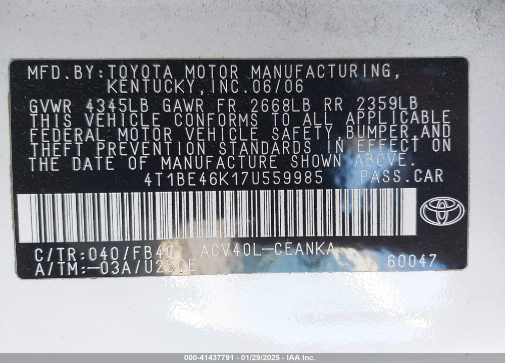 2007 TOYOTA CAMRY CE VIN: 4T1BE46K17U559985