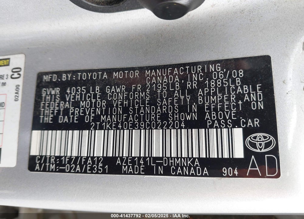 2009 TOYOTA MATRIX VIN: 2T1KE40E39C022204