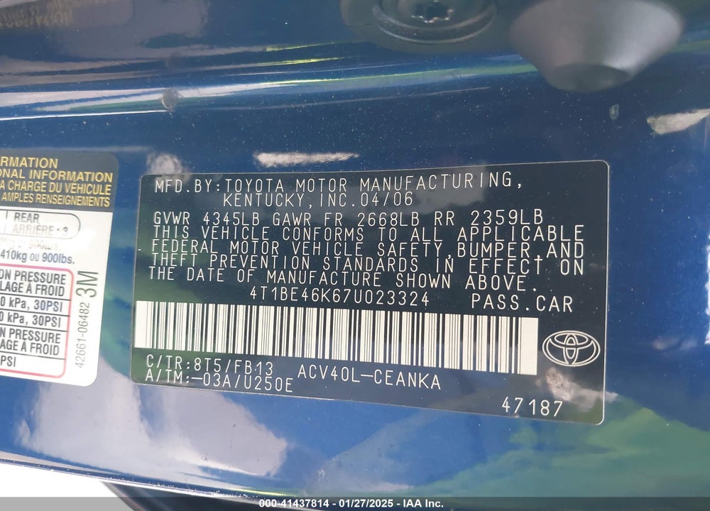 2007 TOYOTA CAMRY VIN: 4T1BE46K67U023324