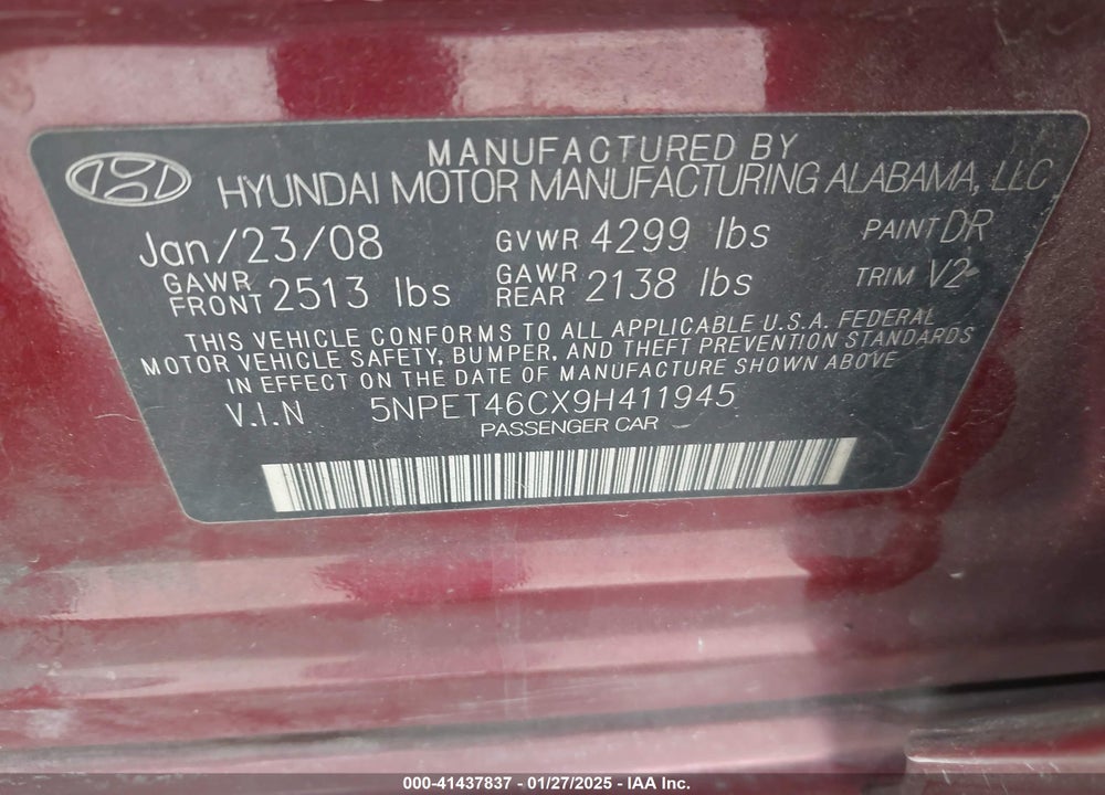 2009 HYUNDAI SONATA GLS VIN: 5NPET46CX9H411945