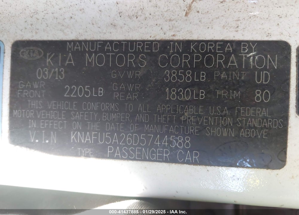 2013 KIA FORTE VIN: KNAFU5A26D5744588