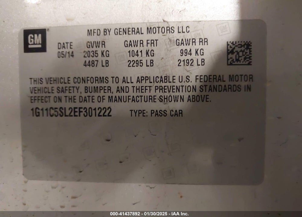 2014 CHEVROLET MALIBU VIN: 1G11C5SL2EF301222