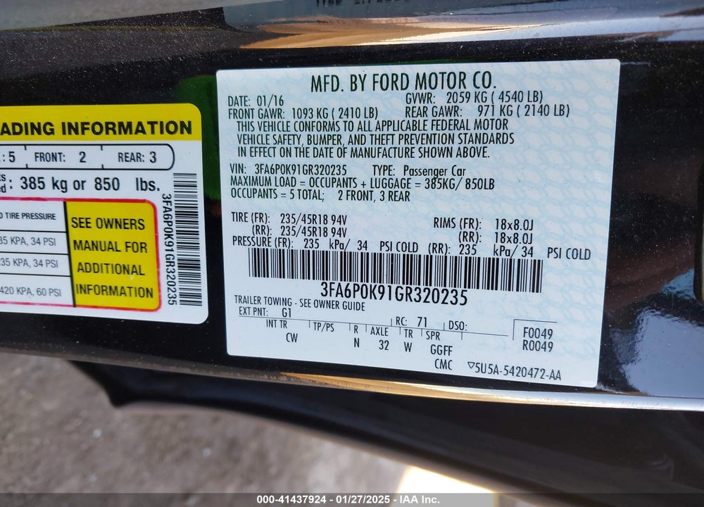 2016 FORD FUSION VIN: 3FA6P0K91GR320235
