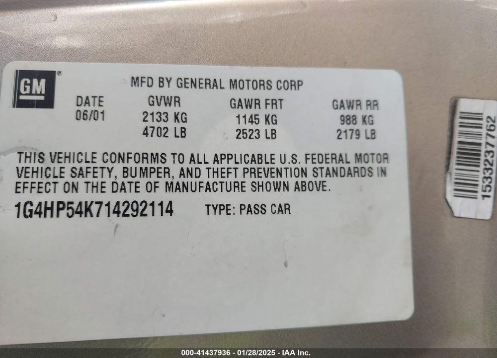 2001 BUICK LESABRE CUSTOM VIN: 1G4HP54K714292114