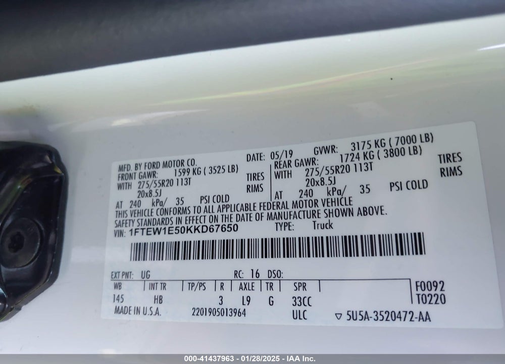 2019 FORD F-150 VIN: 1FTEW1E50KKD67650