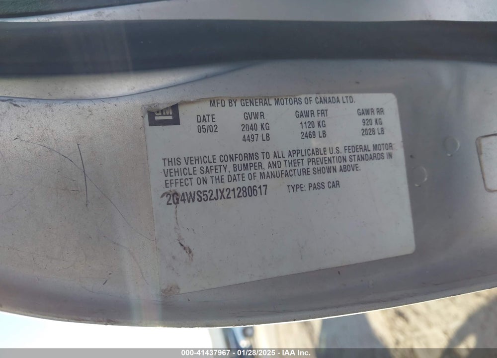 2002 BUICK CENTURY CUSTOM VIN: 2G4WS52JX21280617
