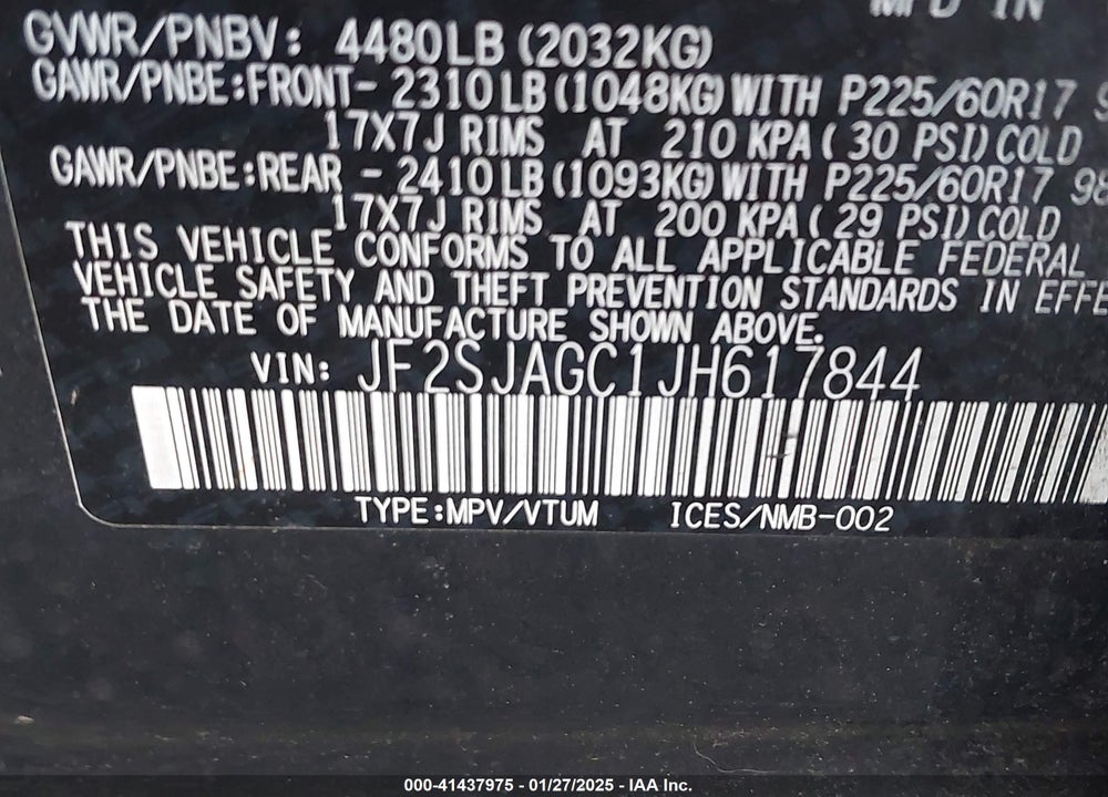 2018 SUBARU FORESTER 2.5I PREMIUM VIN: JF2SJAGC1JH617844