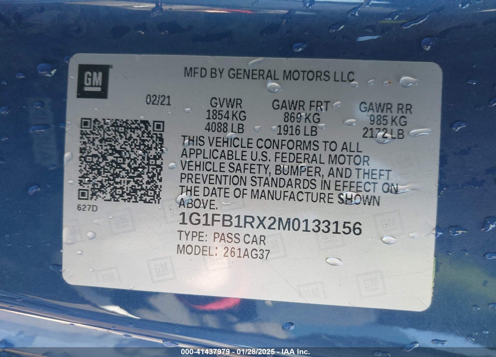 2021 CHEVROLET CAMARO RWD 1LS VIN: 1G1FB1RX2M0133156