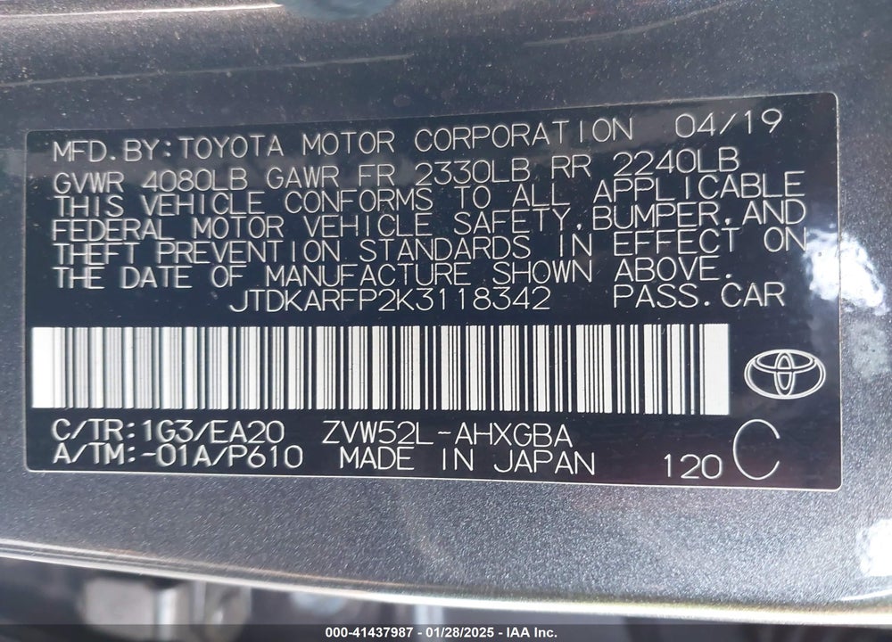 2019 TOYOTA PRIUS PRIME VIN: JTDKARFP2K3118342