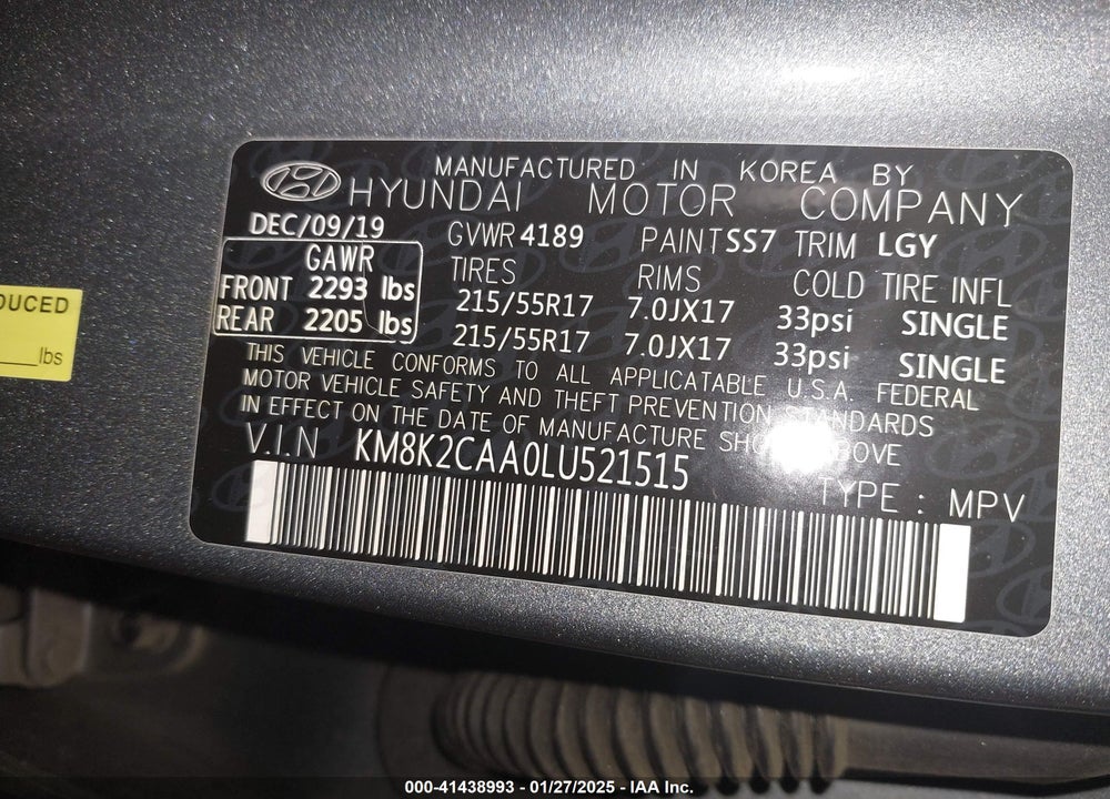 2020 HYUNDAI KONA SEL VIN: KM8K2CAA0LU521515