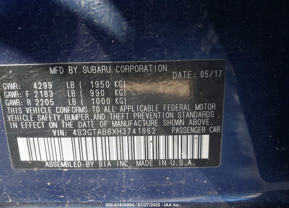 2017 SUBARU IMPREZA VIN: 4S3GTAB6XH3741862
