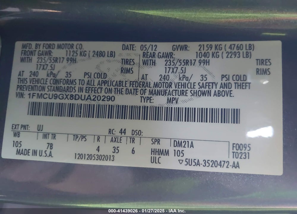 2013 FORD ESCAPE SE VIN: 1FMCU9GX8DUA20290